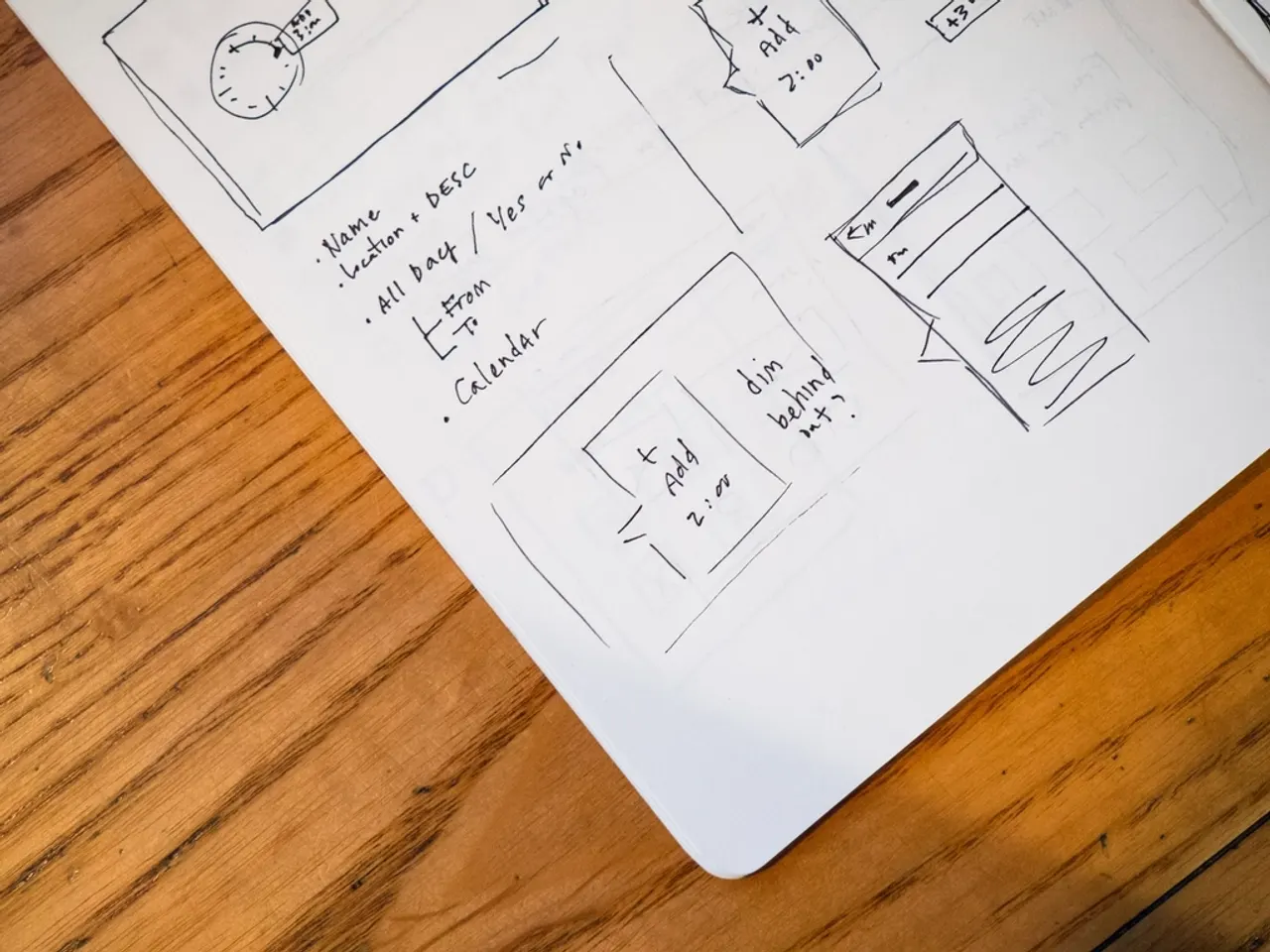 Hand-drawn website wireframe sketches on a planning sheet